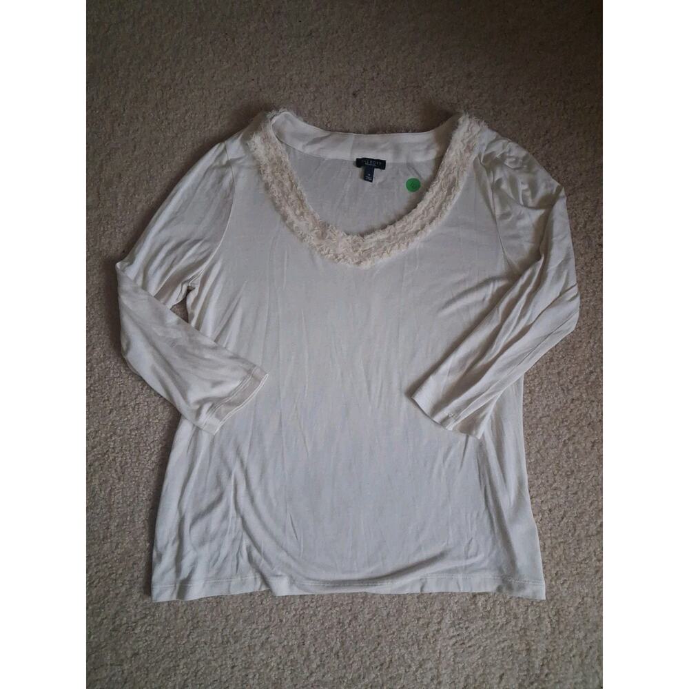 Talbots Ivory Knit Long Sleeve Textured Trim Blouse M Cotton